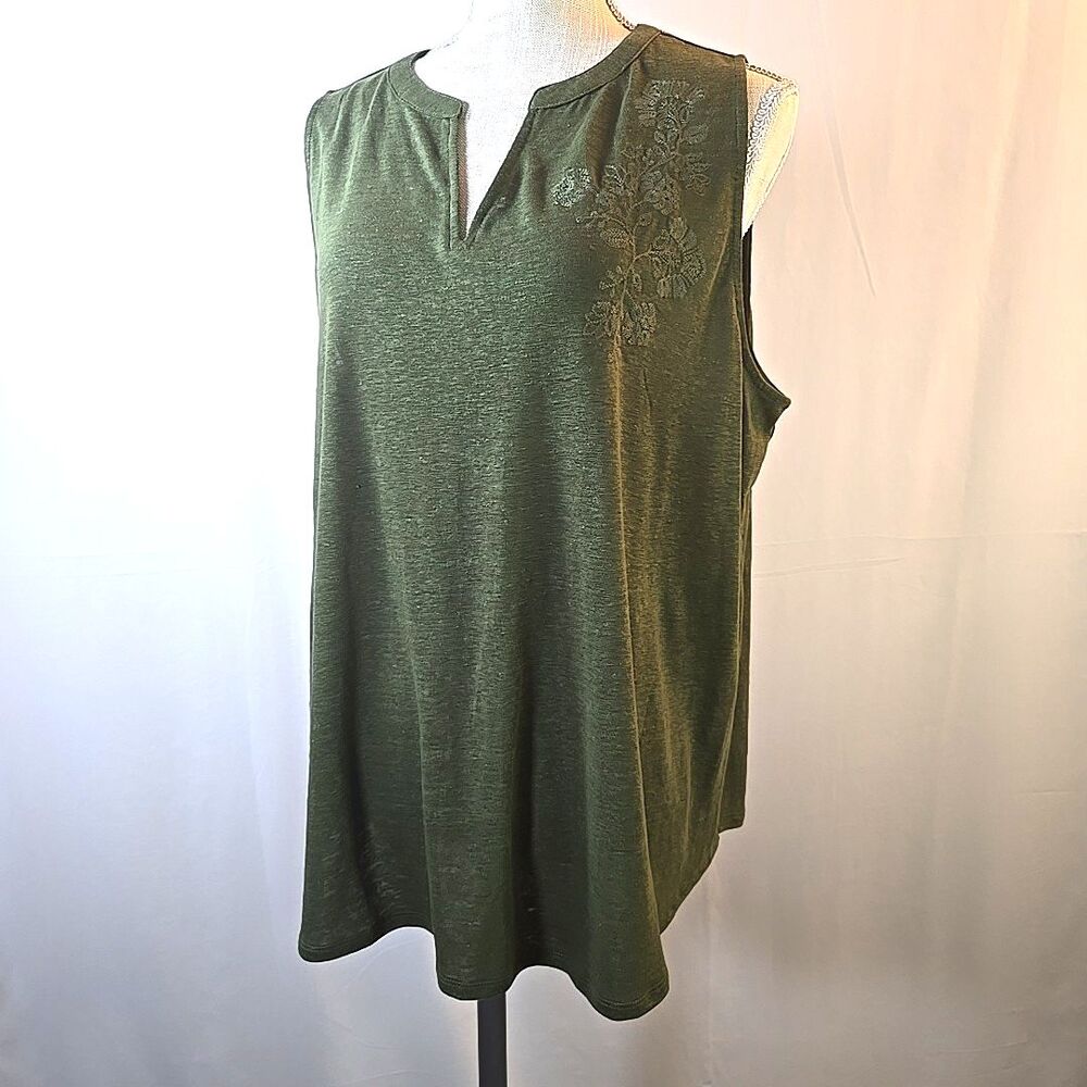 Magnolia Grace Olive Sleeveless T-shirt Blouse Plus 2X Linen Blend Embroidered